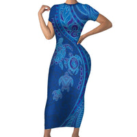 Hawaiian Turtles and Polynesian Art Tattoo Short Sleeve Bodycon Dress Ocean Abyss LT03 Long Dress Blue - Polynesian Pride