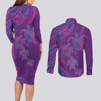 Hawaiian Turtles and Polynesian Art Tattoo Couples Matching Long Sleeve Bodycon Dress and Long Sleeve Button Shirt Dusky Violet