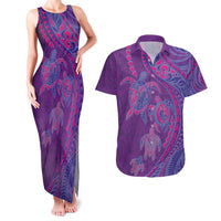 Hawaiian Turtles and Polynesian Art Tattoo Couples Matching Tank Maxi Dress and Hawaiian Shirt Dusky Violet