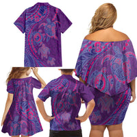Hawaiian Turtles and Polynesian Art Tattoo Family Matching Off Shoulder Short Dress and Hawaiian Shirt Dusky Violet