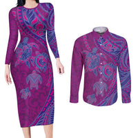 Hawaiian Turtles and Polynesian Art Tattoo Couples Matching Long Sleeve Bodycon Dress and Long Sleeve Button Shirt Cerise
