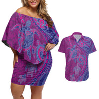 Hawaiian Turtles and Polynesian Art Tattoo Couples Matching Off Shoulder Short Dress and Hawaiian Shirt Cerise