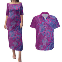 Hawaiian Turtles and Polynesian Art Tattoo Couples Matching Puletasi and Hawaiian Shirt Cerise LT03 Pink - Polynesian Pride