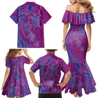 Hawaiian Turtles and Polynesian Art Tattoo Family Matching Mermaid Dress and Hawaiian Shirt Cerise