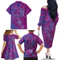 Hawaiian Turtles and Polynesian Art Tattoo Family Matching Off The Shoulder Long Sleeve Dress and Hawaiian Shirt Cerise
