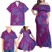 Hawaiian Turtles and Polynesian Art Tattoo Family Matching Off Shoulder Maxi Dress and Hawaiian Shirt Cerise