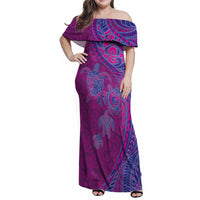 Hawaiian Turtles and Polynesian Art Tattoo Family Matching Off Shoulder Maxi Dress and Hawaiian Shirt Cerise