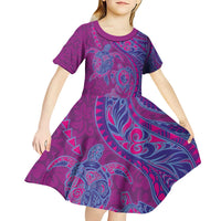 Hawaiian Turtles and Polynesian Art Tattoo Kid Short Sleeve Dress Cerise