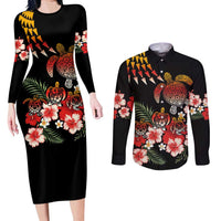 Hawaiian Hibiscus Turtle and Tropical Flower Couples Matching Long Sleeve Bodycon Dress and Long Sleeve Button Shirt Dynamic Vibe