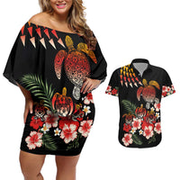 Hawaiian Hibiscus Turtle and Tropical Flower Couples Matching Off Shoulder Short Dress and Hawaiian Shirt Dynamic Vibe