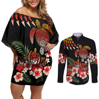 Hawaiian Hibiscus Turtle and Tropical Flower Couples Matching Off Shoulder Short Dress and Long Sleeve Button Shirt Dynamic Vibe