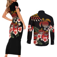 Hawaiian Hibiscus Turtle and Tropical Flower Couples Matching Short Sleeve Bodycon Dress and Long Sleeve Button Shirt Dynamic Vibe