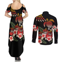 Hawaiian Hibiscus Turtle and Tropical Flower Couples Matching Summer Maxi Dress and Long Sleeve Button Shirt Dynamic Vibe
