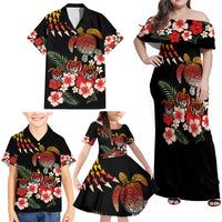 Hawaiian Hibiscus Turtle and Tropical Flower Family Matching Off Shoulder Maxi Dress and Hawaiian Shirt Dynamic Vibe
