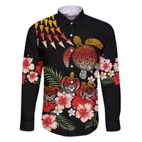 Hawaiian Hibiscus Turtle and Tropical Flower Family Matching Puletasi and Hawaiian Shirt Dynamic Vibe LT03 Dad's Shirt - Long Sleeve Black - Polynesian Pride