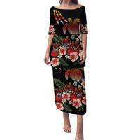 Hawaiian Hibiscus Turtle and Tropical Flower Puletasi Dynamic Vibe LT03 Long Dress Black - Polynesian Pride