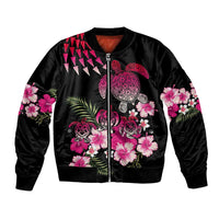 Hawaiian Hibiscus Turtle and Tropical Flower Bomber Jacket Sweet Vibe LT03 Unisex Black - Polynesian Pride
