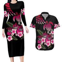 Hawaiian Hibiscus Turtle and Tropical Flower Couples Matching Long Sleeve Bodycon Dress and Hawaiian Shirt Sweet Vibe