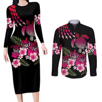 Hawaiian Hibiscus Turtle and Tropical Flower Couples Matching Long Sleeve Bodycon Dress and Long Sleeve Button Shirt Sweet Vibe