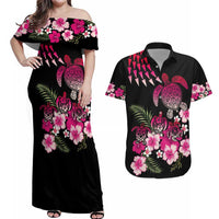 Hawaiian Hibiscus Turtle and Tropical Flower Couples Matching Off Shoulder Maxi Dress and Hawaiian Shirt Sweet Vibe