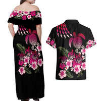 Hawaiian Hibiscus Turtle and Tropical Flower Couples Matching Off Shoulder Maxi Dress and Hawaiian Shirt Sweet Vibe