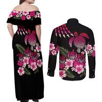 Hawaiian Hibiscus Turtle and Tropical Flower Couples Matching Off Shoulder Maxi Dress and Long Sleeve Button Shirt Sweet Vibe