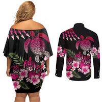 Hawaiian Hibiscus Turtle and Tropical Flower Couples Matching Off Shoulder Short Dress and Long Sleeve Button Shirt Sweet Vibe