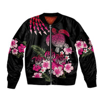 Hawaiian Hibiscus Turtle and Tropical Flower Sleeve Zip Bomber Jacket Sweet Vibe