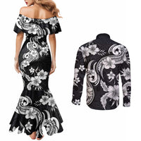 Hawaiian-Polynesian Art Tattoo Couples Matching Mermaid Dress and Long Sleeve Button Shirt Hibiscus and Plumeria Grayscale