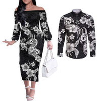 Hawaiian-Polynesian Art Tattoo Couples Matching Off The Shoulder Long Sleeve Dress and Long Sleeve Button Shirt Hibiscus and Plumeria Grayscale