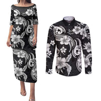Hawaiian-Polynesian Art Tattoo Couples Matching Puletasi and Long Sleeve Button Shirt Hibiscus and Plumeria Grayscale LT03 Black - Polynesian Pride