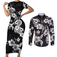 Hawaiian-Polynesian Art Tattoo Couples Matching Short Sleeve Bodycon Dress and Long Sleeve Button Shirt Hibiscus and Plumeria Grayscale