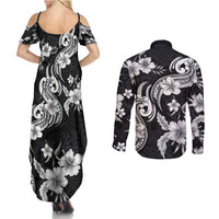 Hawaiian-Polynesian Art Tattoo Couples Matching Summer Maxi Dress and Long Sleeve Button Shirt Hibiscus and Plumeria Grayscale