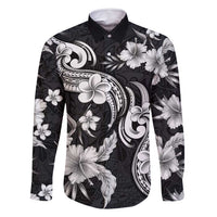 Hawaiian-Polynesian Art Tattoo Family Matching Long Sleeve Bodycon Dress and Hawaiian Shirt Hibiscus and Plumeria Grayscale