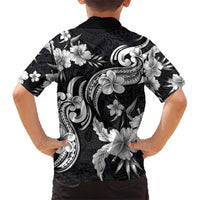 Hawaiian-Polynesian Art Tattoo Family Matching Short Sleeve Bodycon Dress and Hawaiian Shirt Hibiscus and Plumeria Grayscale