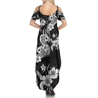 Hawaiian-Polynesian Art Tattoo Family Matching Summer Maxi Dress and Hawaiian Shirt Hibiscus and Plumeria Grayscale