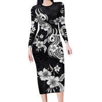 Hawaiian-Polynesian Art Tattoo Long Sleeve Bodycon Dress Hibiscus and Plumeria Grayscale