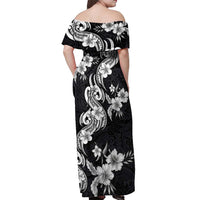 Hawaiian-Polynesian Art Tattoo Off Shoulder Maxi Dress Hibiscus and Plumeria Grayscale