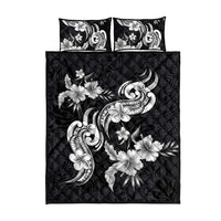Hawaiian-Polynesian Art Tattoo Quilt Bed Set Hibiscus and Plumeria Grayscale