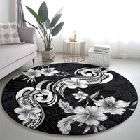 Hawaiian-Polynesian Art Tattoo Round Carpet Hibiscus and Plumeria Grayscale