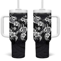 Hawaiian-Polynesian Art Tattoo Tumbler With Handle Hibiscus and Plumeria Grayscale