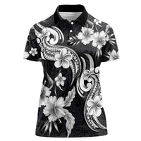 Hawaiian-Polynesian Art Tattoo Women Polo Shirt Hibiscus and Plumeria Grayscale