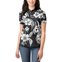 Hawaiian-Polynesian Art Tattoo Women Polo Shirt Hibiscus and Plumeria Grayscale