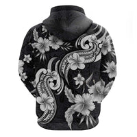 Hawaiian-Polynesian Art Tattoo Zip Hoodie Hibiscus and Plumeria Grayscale