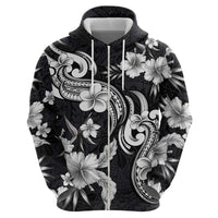 Hawaiian-Polynesian Art Tattoo Zip Hoodie Hibiscus and Plumeria Grayscale