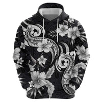 Hawaiian-Polynesian Art Tattoo Zip Hoodie Hibiscus and Plumeria Grayscale