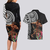 Samoan Warrior Art Tattoo Couples Matching Long Sleeve Bodycon Dress and Hawaiian Shirt Polynesian Pattern and Teuila