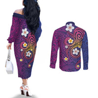 Hawaiian Octopus Tattoo and Frangipani Couples Matching Off The Shoulder Long Sleeve Dress and Long Sleeve Button Shirt