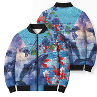 Hawaii Aloha Whales Bomber Puffer Jacket Hibiscus and Whales with Polynesian Pattern - Polynesian Pride