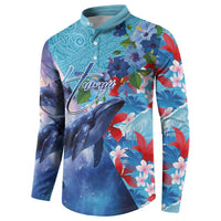 Hawaii Aloha Whales Button Sweatshirt Hibiscus and Whales with Polynesian Pattern - Polynesian Pride